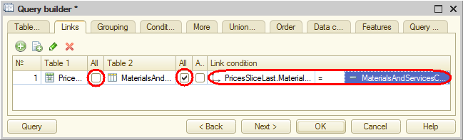 Lesson 13 (4:30). Reports / Getting current values from a periodic information register / In Designer mode / Query for a data set / Left join of tables