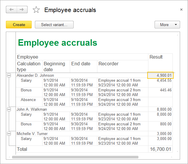 Lesson 18 (3:40). Using calculation registers / Employee accruals report / In 1C:Enterprise mode